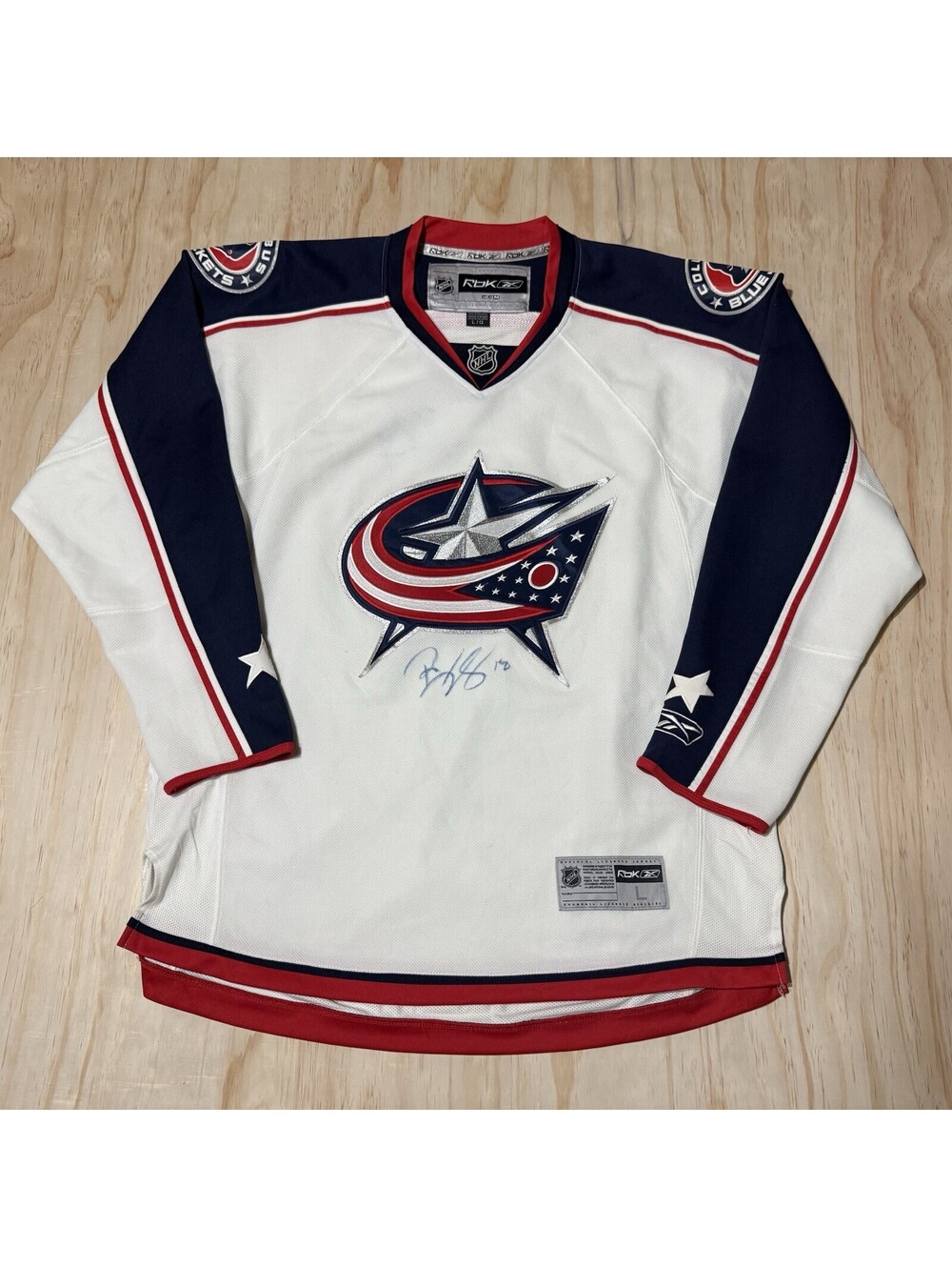 Reebok Columbus Blue Jackets Autographed Away NHL Hockey Jersey Size L Men’s